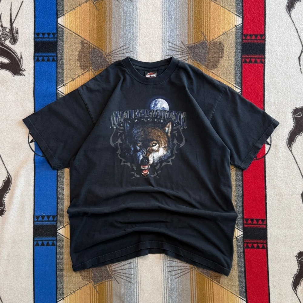 Harley Davidson Wolf Moon Graphic T-Shirt Black Mens XL Mackinaw City Holoubek